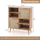 Rattan buffet cabinet with 2 doors and 2 cubbies, featuring natural wood finish and ventilation for stylish storage.