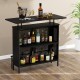 4-tier black liquor bar table with 6 glass holders, open shelves, and metal footrest for convenient entertaining.
