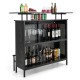 Black 4-tier liquor bar table showcasing open shelves, 6 glass holders, and a sturdy metal frame for stylish drink.