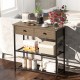 Narrow console table in gray with 2 drawers and 2 metal mesh shelves, perfect for displaying ornaments and organizing.