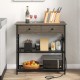 Narrow console table in gray with 2 drawers, 2 metal mesh shelves, and power outlets for versatile storage and display.