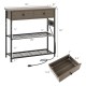 Narrow console table in gray with 2 drawers and 2 metal mesh shelves, featuring outlets and USB ports for convenience.