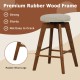 Backless swivel barstool with beige linen fabric seat and rubber wood legs, perfect for counter height use.
