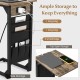 C-shaped end table with rustic brown finish, featuring charging station and side storage bags for convenient.