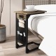 C-shaped end table in rustic brown with charging station and side storage, perfect for bedroom or living room use.