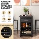Narrow black counter height bar table with adjustable shelf and drawer, ideal for maximizing storage in small spaces.