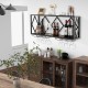 Wall-mounted wine rack displaying 39 bottles and 12 glasses, featuring a black metal frame and wood grain for kitchen.