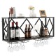 Wall-mounted wine rack displaying 39 bottles and 12 glasses, featuring a durable black metal frame and wood grain shelf.