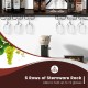 Wall-mounted wine rack with 6 rows for 12 glasses and space for 39 bottles, featuring a stylish wood grain and black.