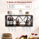 Wall-mounted wine rack with 6 rows for 39 bottles and 12 glasses, featuring a black metal frame and wood grain design.