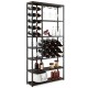 Industrial floor wine rack featuring 3 rows for stemware and 6 storage shelves for wine and kitchen essentials.