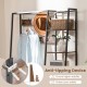 5-in-1 entryway hall tree in rustic brown with 9 hooks and shoe bench, featuring anti-tipping device for safety.