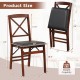 Folding dining chair with brown rubber wood, soft foam cushion, and 400 lbs capacity, shown with dimensions for easy.