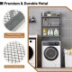 Over-the-toilet storage shelf in gray with three shelves and hooks, made of durable metal for bathroom organization.