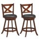 Classic counter height swivel bar stool set with X-shaped open back, solid wood frame, and black PVC leather upholstery.