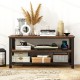 Industrial TV stand in rustic brown with power outlets, featuring two shelves and a stable metal frame for versatile.