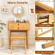 Bamboo makeup vanity table with mirror, featuring 2 storage drawers and tempered glass top for easy access to cosmetics.