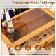 Bamboo makeup vanity table with tempered glass top, showcasing cosmetics and jewelry, ideal for small spaces.