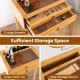 Bamboo makeup vanity table with movable mirror, two large drawers, and tempered glass top for easy access to cosmetics.