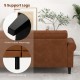 Close-up of the PU leather 3-seater sofa's support legs, featuring 4 solid rubber wood legs and 1 metal leg for.