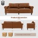 Brown PU leather 3-seater sofa with detachable back pillows, showing dimensions and design details for comfortable.