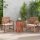 Set of 2 solid wood patio dining chairs with cushions, featuring slatted seats, ideal for backyard relaxation.