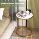 Round side table with faux marble top and golden metal frame, perfect for small spaces in living room or bedroom.