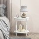 2-tier oval side table in white with storage shelf and solid rubber wood legs, perfect for bedroom or living room use.