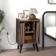 Vinyl record storage turntable stand in brown with 4 open shelves and charging ports, perfect for bedroom or living.