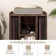 Vinyl record storage turntable stand in brown with 4 open shelves and built-in charging station for electronic devices.
