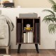 Vinyl record storage turntable stand in brown with 4 open shelves, perfect for organizing records and electronics.