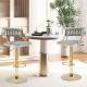 Gray swivel barstools with woven backrest and gold finish, adjustable height for kitchen island or cafe use.