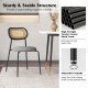 Rattan dining chair with gray padded seat and black metal legs, featuring ergonomic backrest and adjustable footpads.