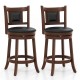 Set of 2 25.5-inch upholstered bar stools with curved backrest, rubber wood frame, and black seat for kitchen or dining.