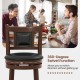 Upholstered bar stool with curved backrest, 360-degree swivel function, and rubber wood frame for kitchen or dining use.