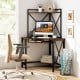 Rustic brown corner computer desk with a spacious desktop and adjustable foot pads for enhanced stability and comfort.