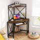 Rustic brown corner computer desk featuring a spacious desktop and additional bottom shelf for extra storage and.