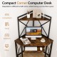 Compact corner computer desk in rustic brown featuring a pull-out keyboard tray and anti-falling metal baffle for.