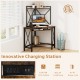 Space-saving corner computer desk in rustic brown with hutch, keyboard tray, and innovative charging station for.