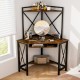 Rustic brown corner computer desk with hutch, keyboard tray, and charging station for efficient space-saving.