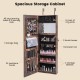 Mirrored jewelry armoire in rustic brown with LED lights, featuring ample storage for earrings, necklaces, and rings.
