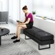 Long black waiting room bench with metal frame, featuring removable cushions, ideal for reception areas.