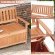 Wood storage bench with slatted backrest, wide armrests, and metal supporting rods for outdoor seating and storage.