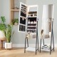 Freestanding jewelry organizer with full-length mirror, lockable design, LED lights, and ample storage for cosmetics.