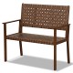 Hand-woven PU leather outdoor bench with solid rubber wood frame, ideal for patio or poolside seating for two.