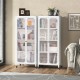 White glass doors storage cabinet with anti-collision design and 4 wheels, perfect for stylish organization in any.