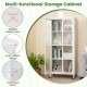 White glass doors storage cabinet with wheels, adjustable shelves, and anti-collision design for versatile organization.