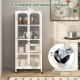 White glass doors storage cabinet with adjustable shelves and 4 smooth universal wheels for versatile organization.