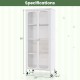 White glass doors storage cabinet with wheels, featuring adjustable shelves, 58" height, ideal for versatile.