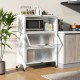 4-tier white kitchen bakers rack with flip doors, ample storage, and wheels for easy mobility and space-saving design.